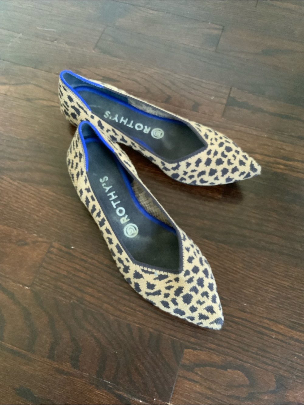 Rothy's Leopard Print Pointed Flats in Tan, Black & Blue Trim